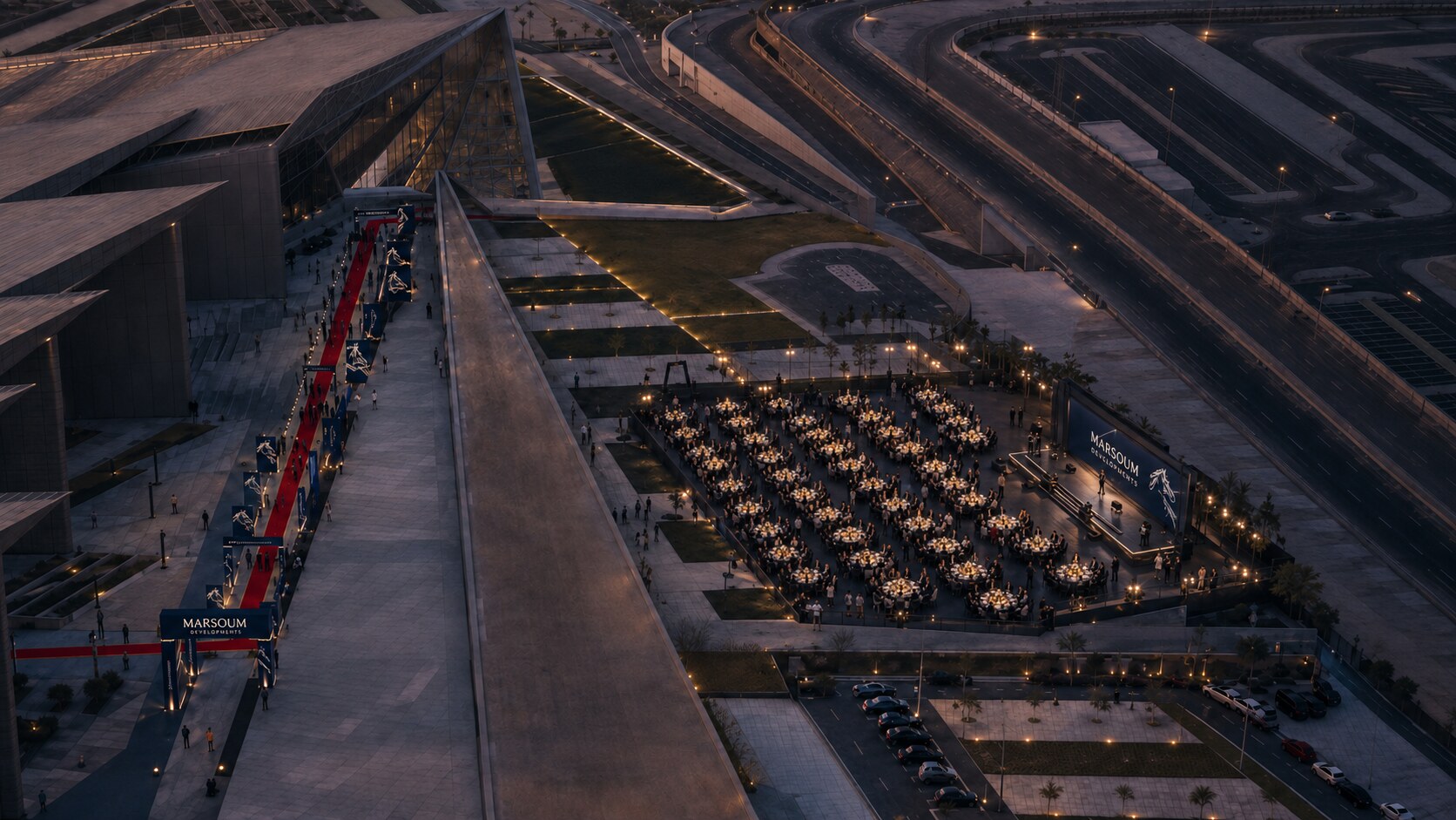 Bird's-eye view of the Marsoum event at the Grand Egyptian Museum — red carpet promenade and 1,500-pax dining terrace at dusk