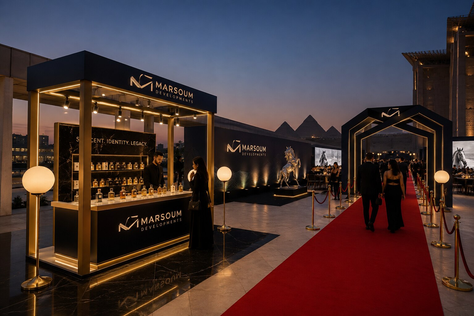 Marsoum branded perfume bar on the red carpet promenade — Scent · Identity · Legacy