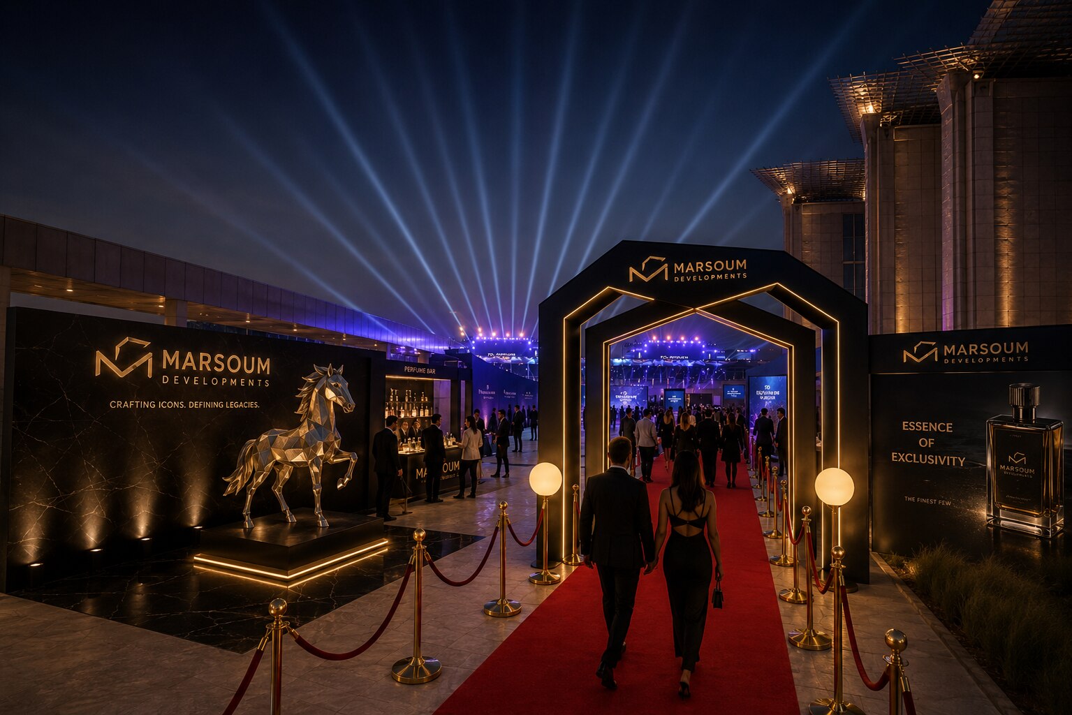 Guests arriving at the Marsoum entrance arch at night — red carpet, navy and gold