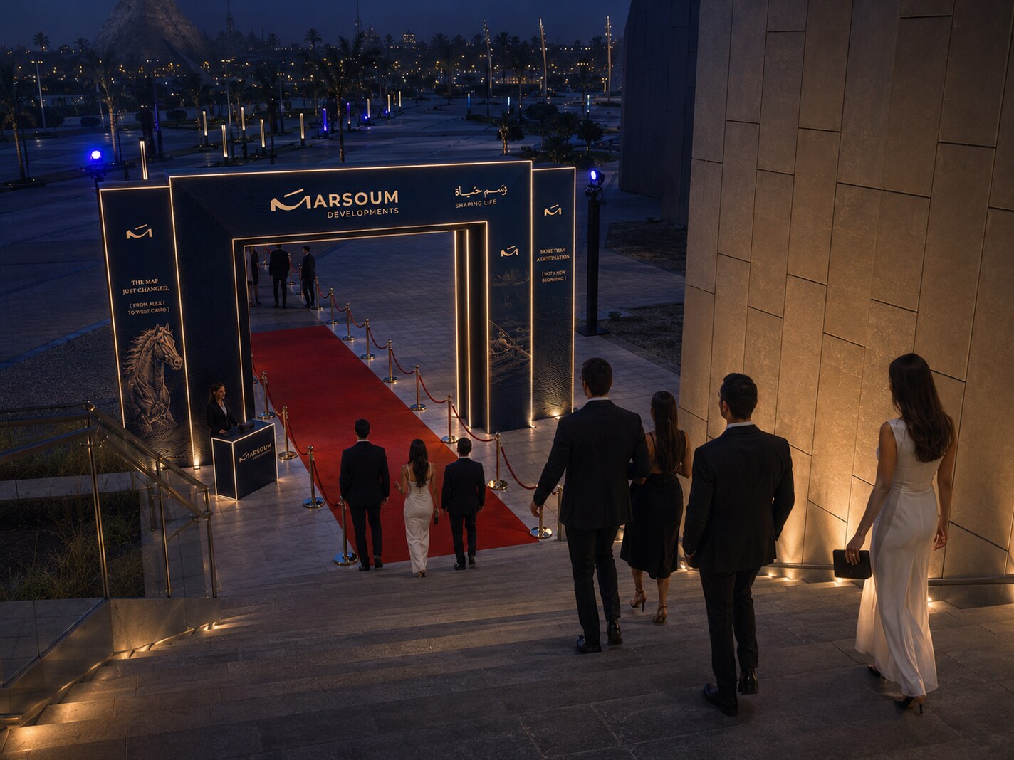 Guests arriving at the Marsoum entrance arch at night — red carpet, navy and gold