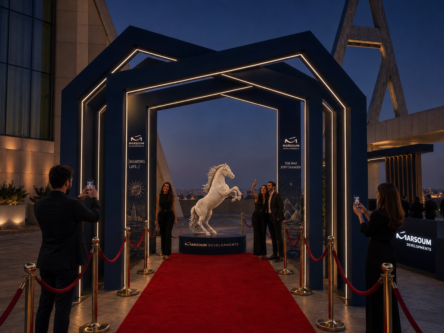 Rearing white horse sculpture inside the Marsoum photo zone arch