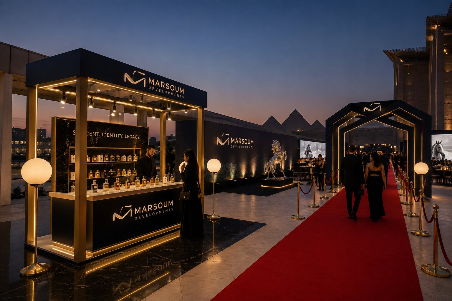 Marsoum branded perfume bar on the red carpet promenade — Scent · Identity · Legacy