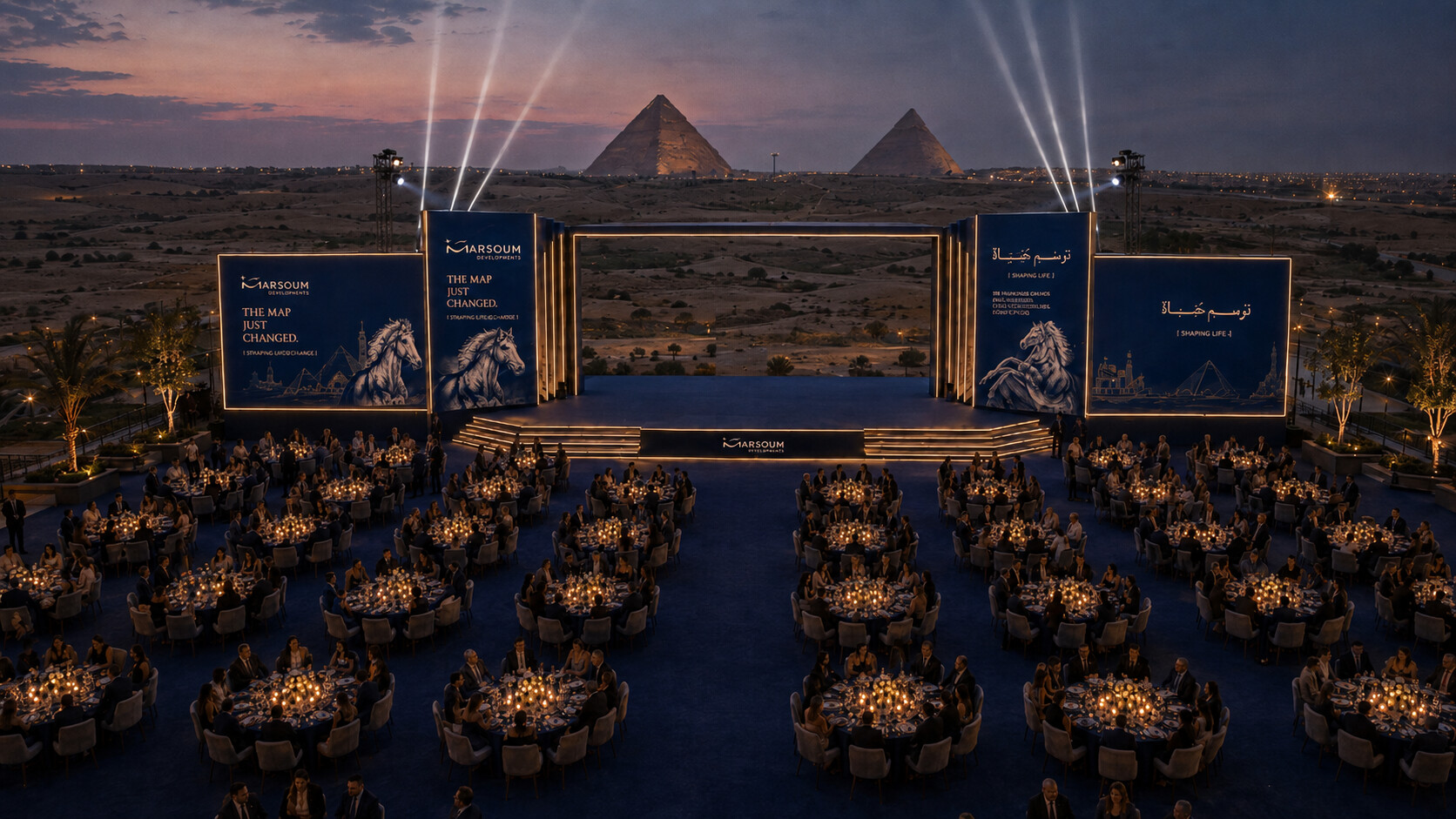 Marsoum stage and dining — full venue overhead view with the Pyramids at dusk
